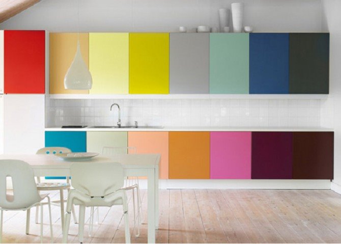 Không gian phòng bếp này đã sơn các cánh cửa tủ bếp với các gam màu khác nhau