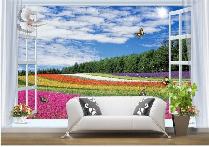 Giấy dán tường hình khung cửa sổ và bên ngoài là cánh đồng hoa cùng bầu trời xanh sẽ bớt đi cảm giác ngột ngạt trong nhà.