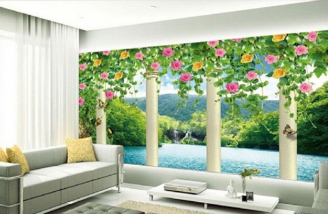 Hồ nước cùng giàn hoa leo trên tường trông như thật
