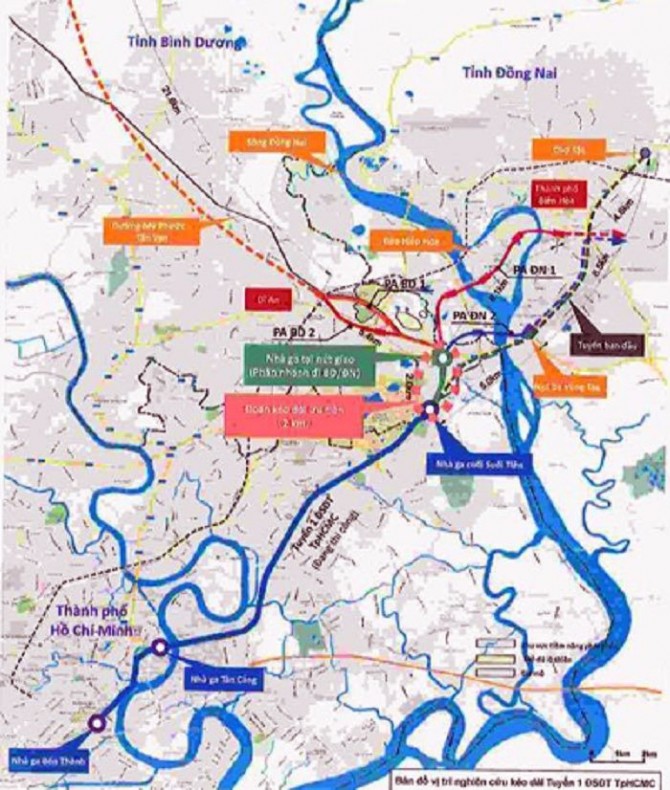 Bản đồ vị trí nghiên cứu kéo dài tuyến metro Bến Thành - Suối Tiên